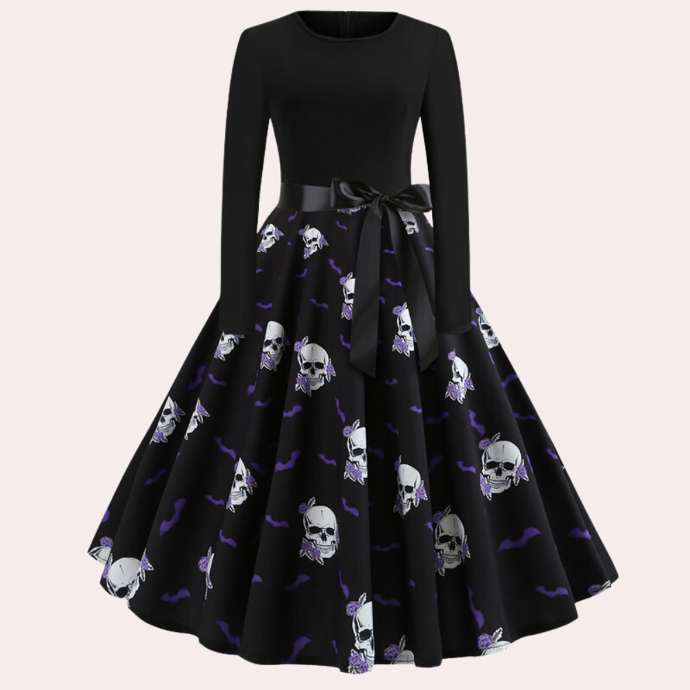 Halloween-klänning | Pumpamönster | Långärmad | Fit and Flare-klänning | Damklänning-Mira Lina
