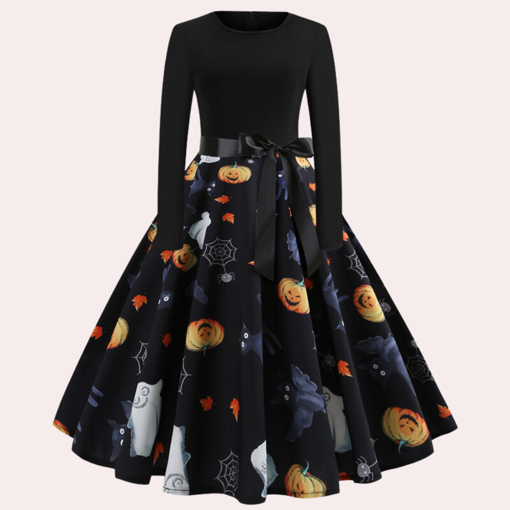 Halloween-klänning | Pumpamönster | Långärmad | Fit and Flare-klänning | Damklänning-Mira Lina