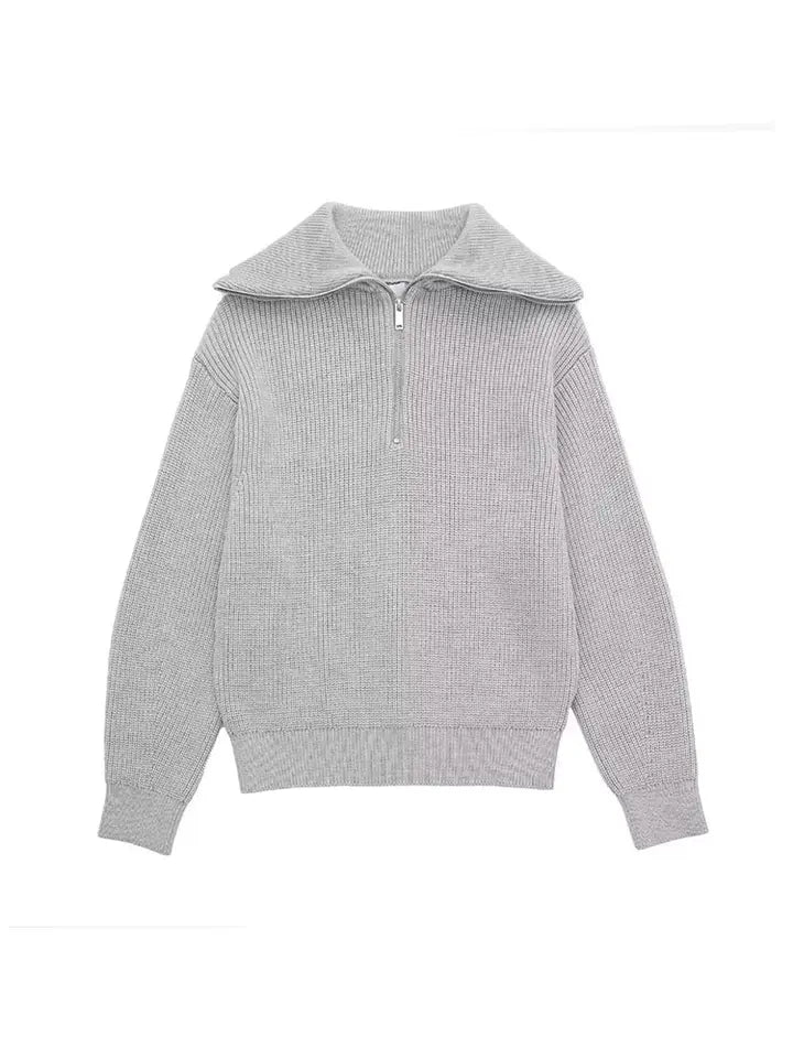 Halvzip-tröja – Ribbstickad – Löst sittande – Stickad tröja – Damkläder-Mira Lina
