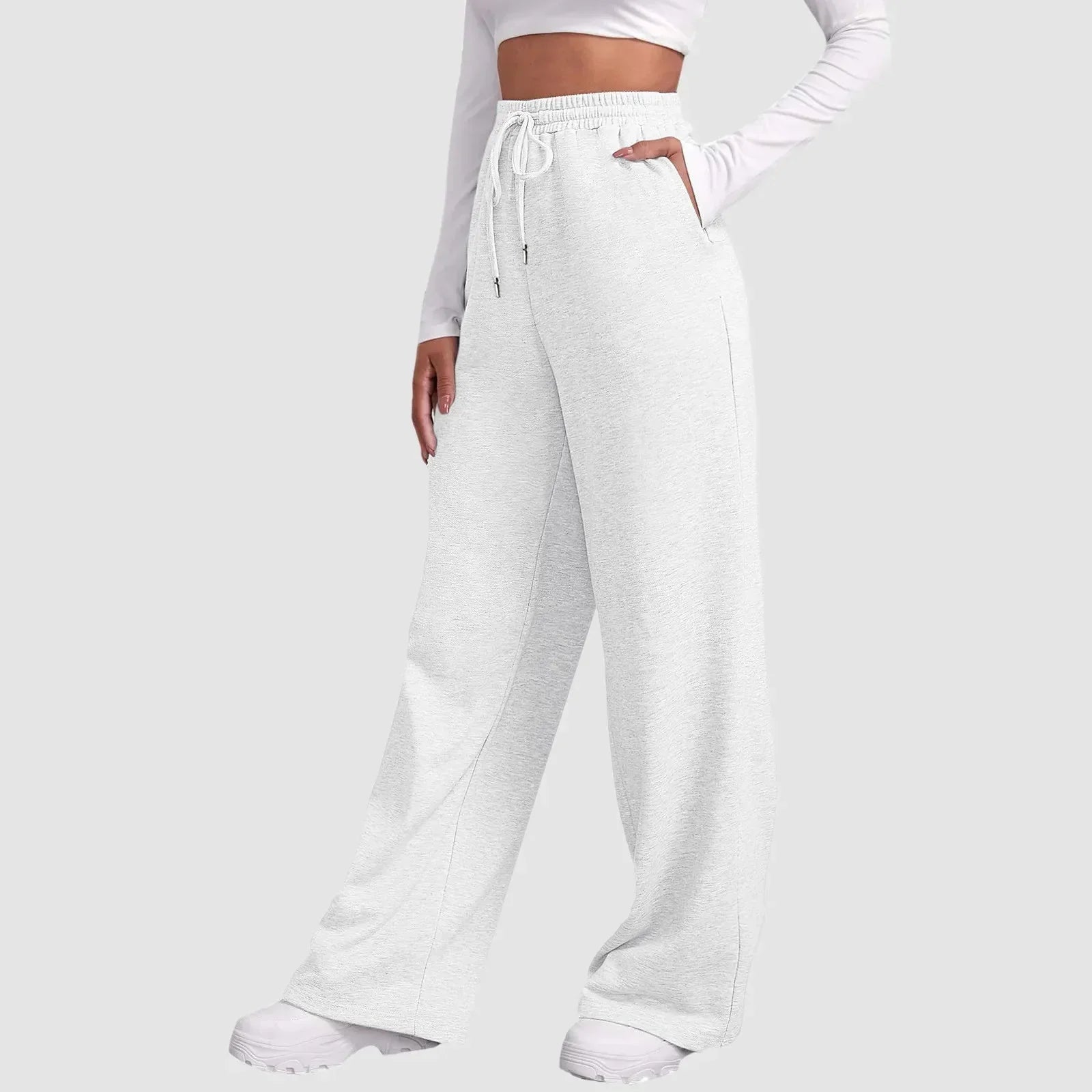 Joggingbyxor med vida ben – Dambyxor med elastisk midja och dragsko-Mira Lina