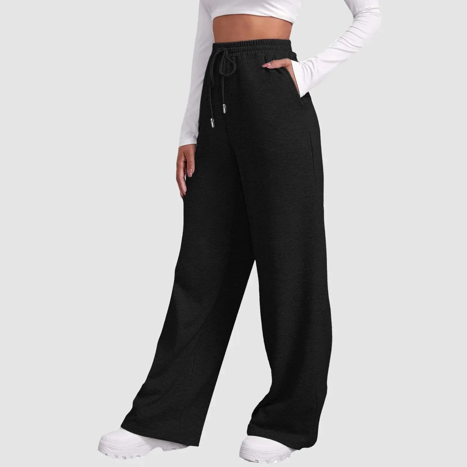 Joggingbyxor med vida ben – Dambyxor med elastisk midja och dragsko-Mira Lina