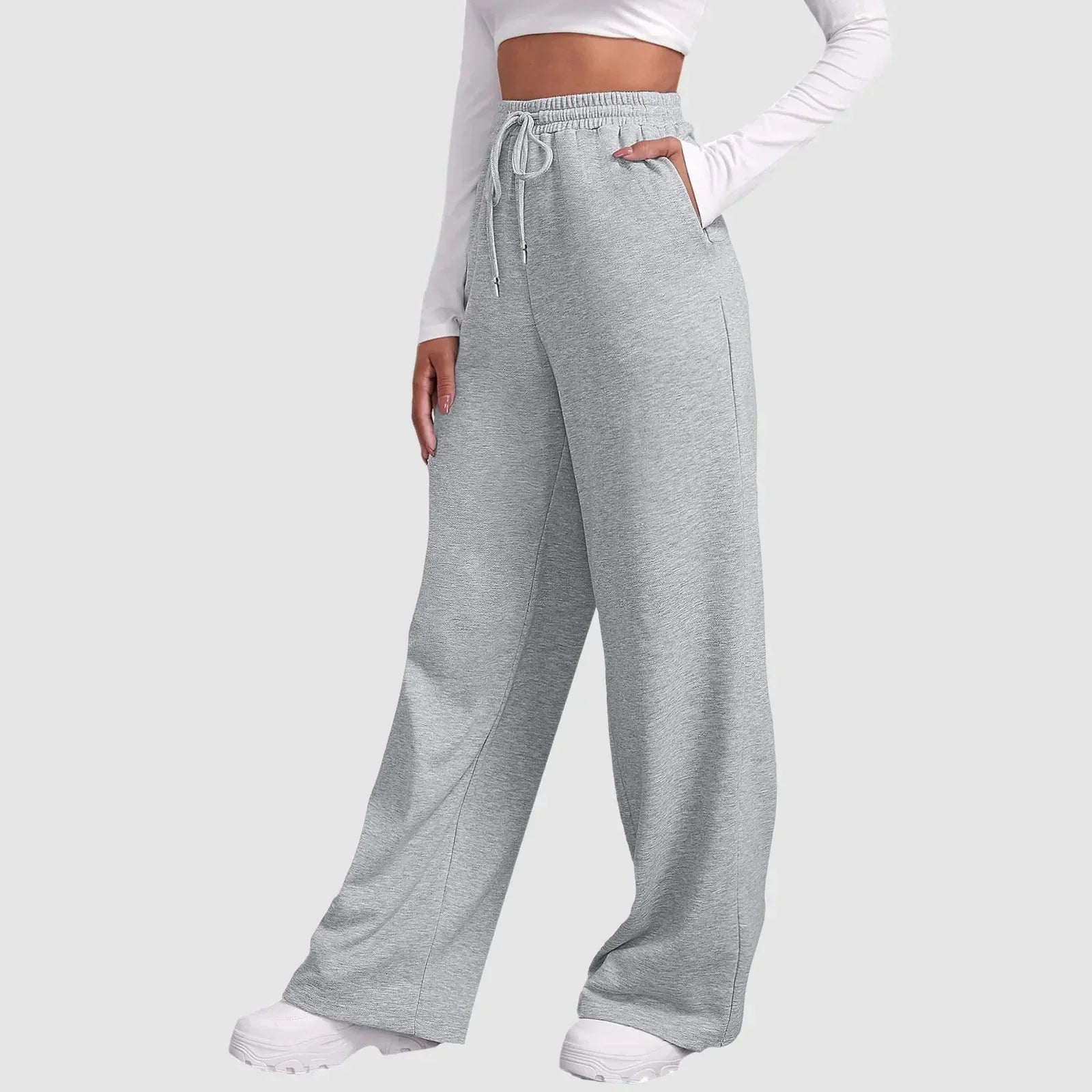 Joggingbyxor med vida ben – Dambyxor med elastisk midja och dragsko-Mira Lina