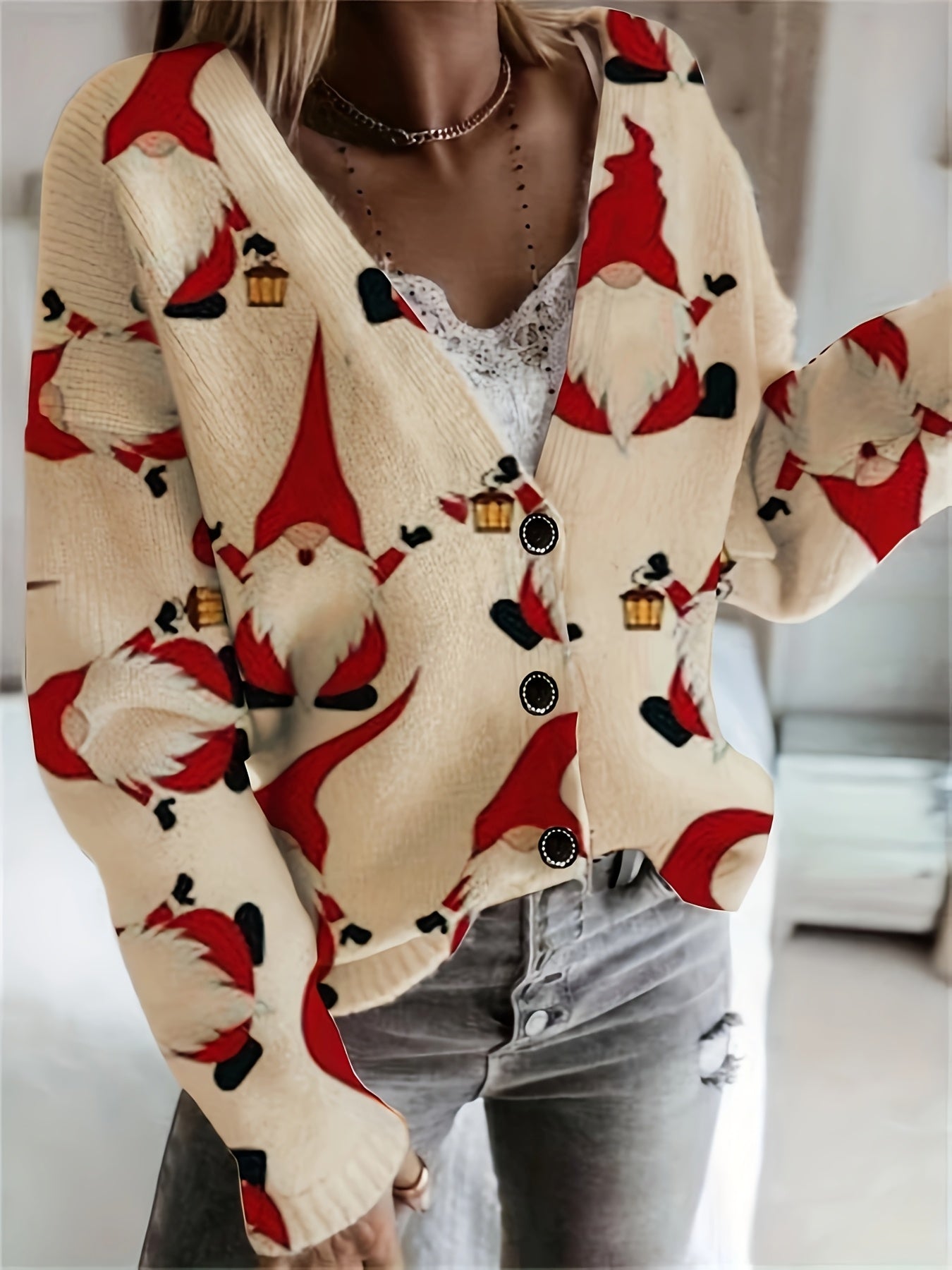 Julkofta | Jultomte-tryck | Jul | Vinterkofta | Stickade plagg för damer-Mira Lina