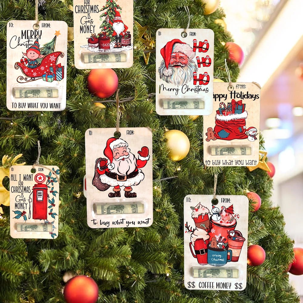 Julpenningkort - Julklappskort i trä med jultomten som kontanthållare-Mira Lina