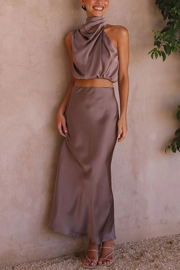 Kjol- och toppset | Hög hals | Maxikjol | Satin-set | Tvådelat set för dam-Mira Lina
