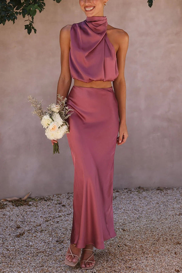 Kjol- och toppset | Hög hals | Maxikjol | Satin-set | Tvådelat set för dam-Mira Lina