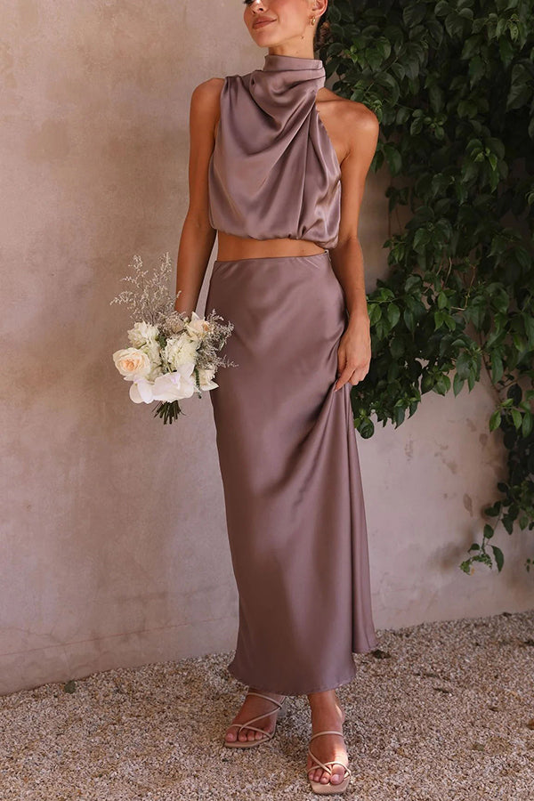 Kjol- och toppset | Hög hals | Maxikjol | Satin-set | Tvådelat set för dam-Mira Lina