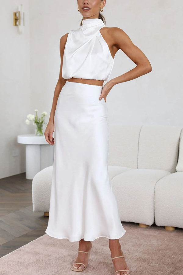 Kjol- och toppset | Hög hals | Maxikjol | Satin-set | Tvådelat set för dam-Mira Lina