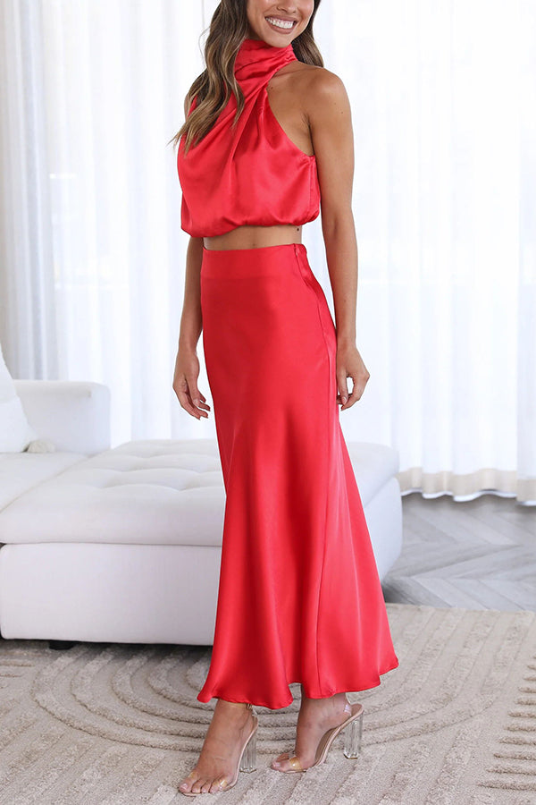 Kjol- och toppset | Hög hals | Maxikjol | Satin-set | Tvådelat set för dam-Mira Lina