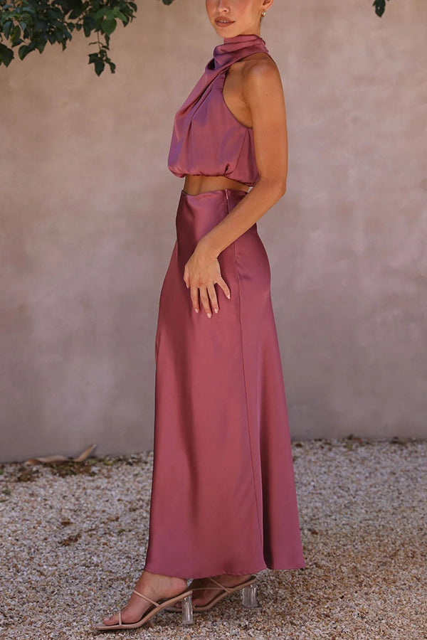 Kjol- och toppset | Hög hals | Maxikjol | Satin-set | Tvådelat set för dam-Mira Lina