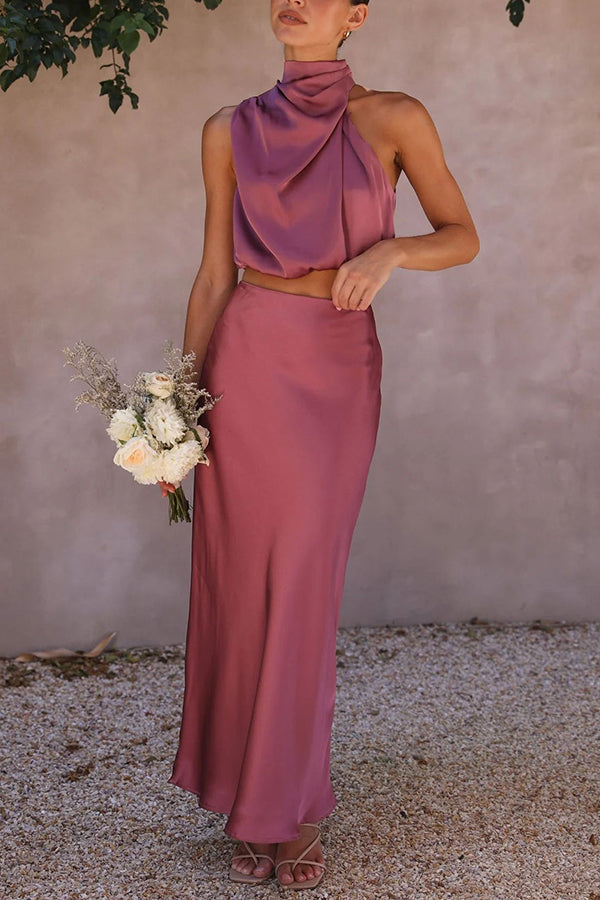 Kjol- och toppset | Hög hals | Maxikjol | Satin-set | Tvådelat set för dam-Mira Lina