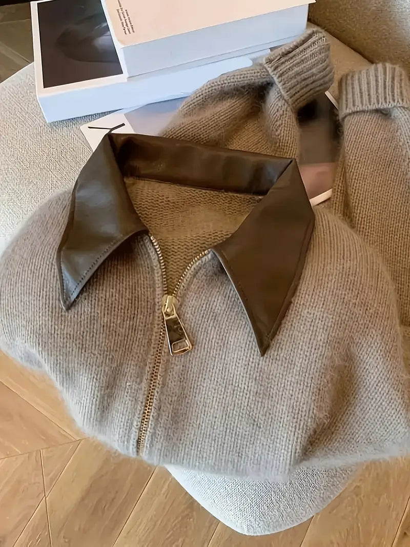 Knäppbar kofta | Ljusbrun | Krage | Stickad kofta | Damkofta-Mira Lina