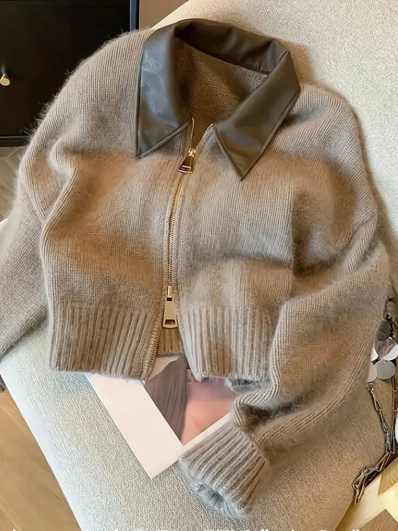 Knäppbar kofta | Ljusbrun | Krage | Stickad kofta | Damkofta-Mira Lina