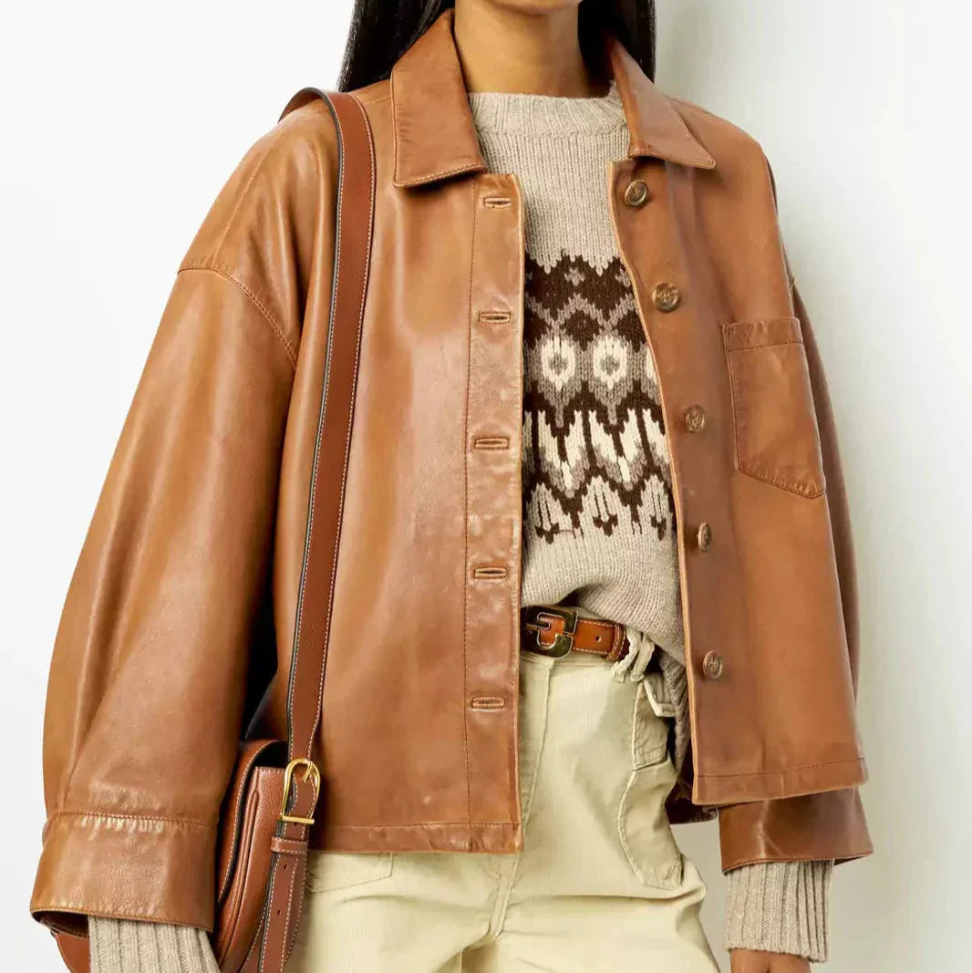 Konstsyntetmaterial med strukturjacka – Ljusbrun oversized jacka med knappar för damer-Mira Lina