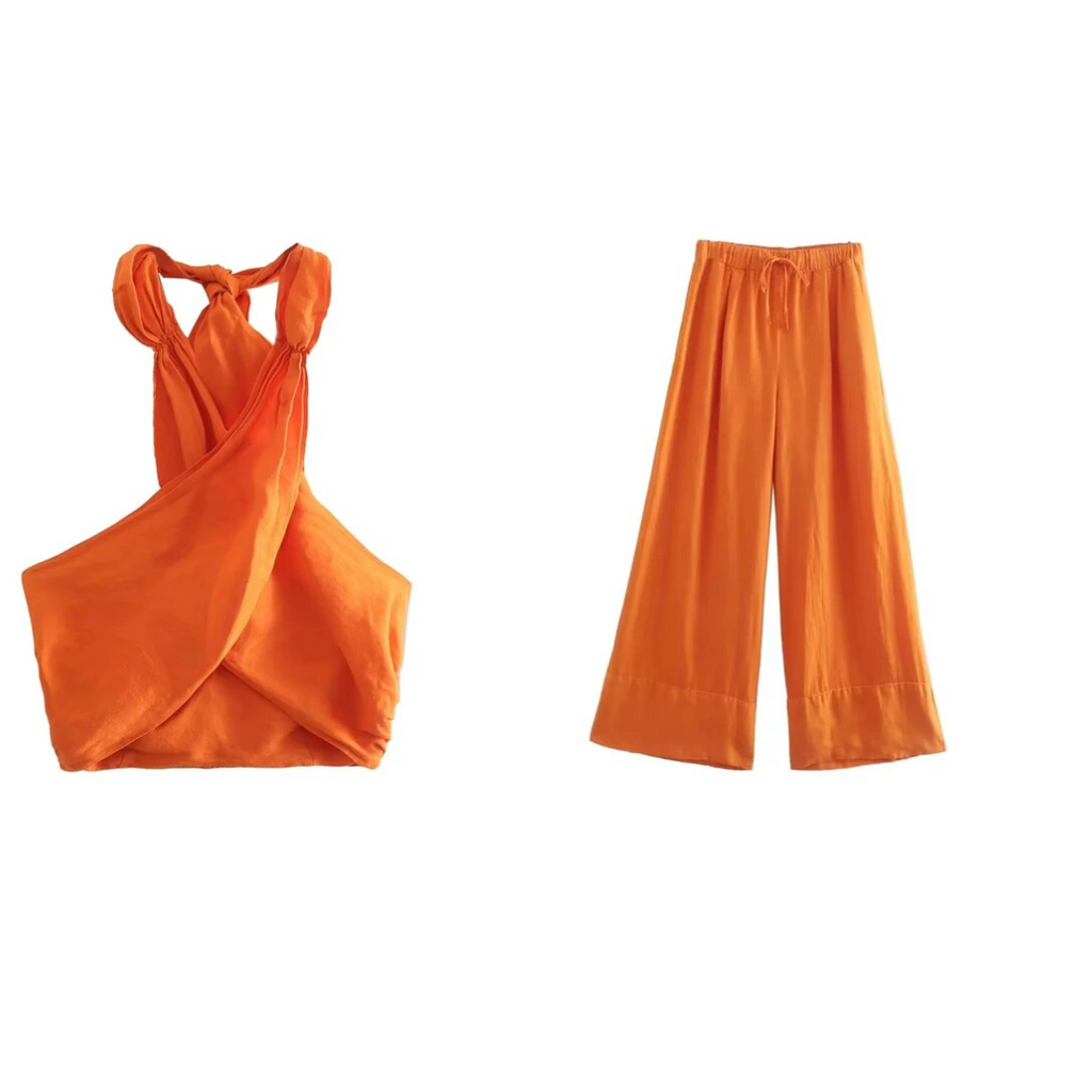 Koordinerat set – Slubväv – Vida ben – Halterneck – Tvådelat set – Sommarksyntetmaterial med struktur för damer-Mira Lina