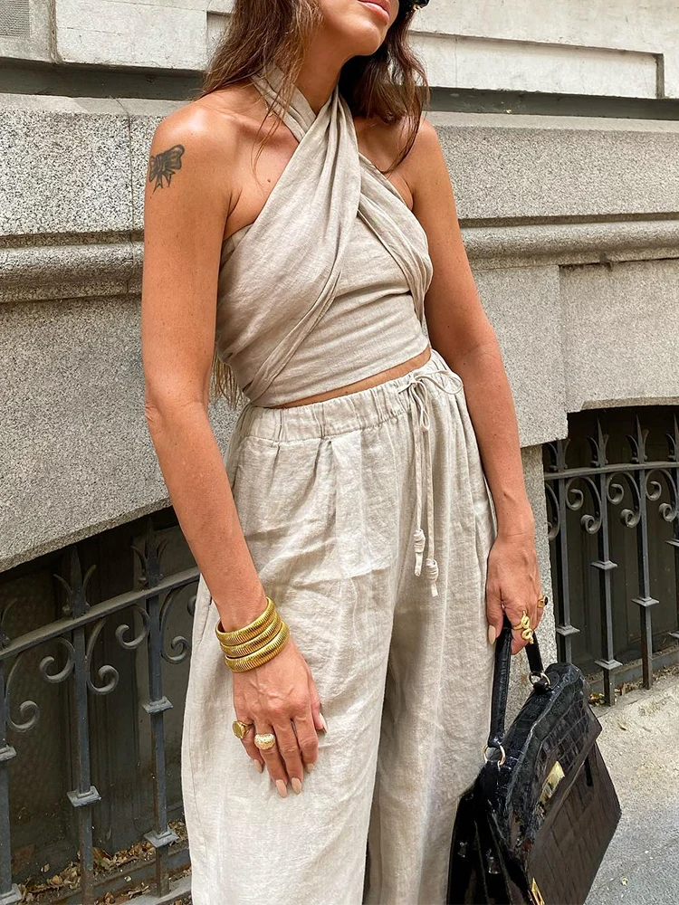 Koordinerat set – Slubväv – Vida ben – Halterneck – Tvådelat set – Sommarksyntetmaterial med struktur för damer-Mira Lina