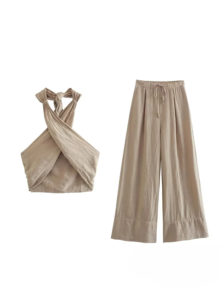 Koordinerat set – Slubväv – Vida ben – Halterneck – Tvådelat set – Sommarksyntetmaterial med struktur för damer-Mira Lina