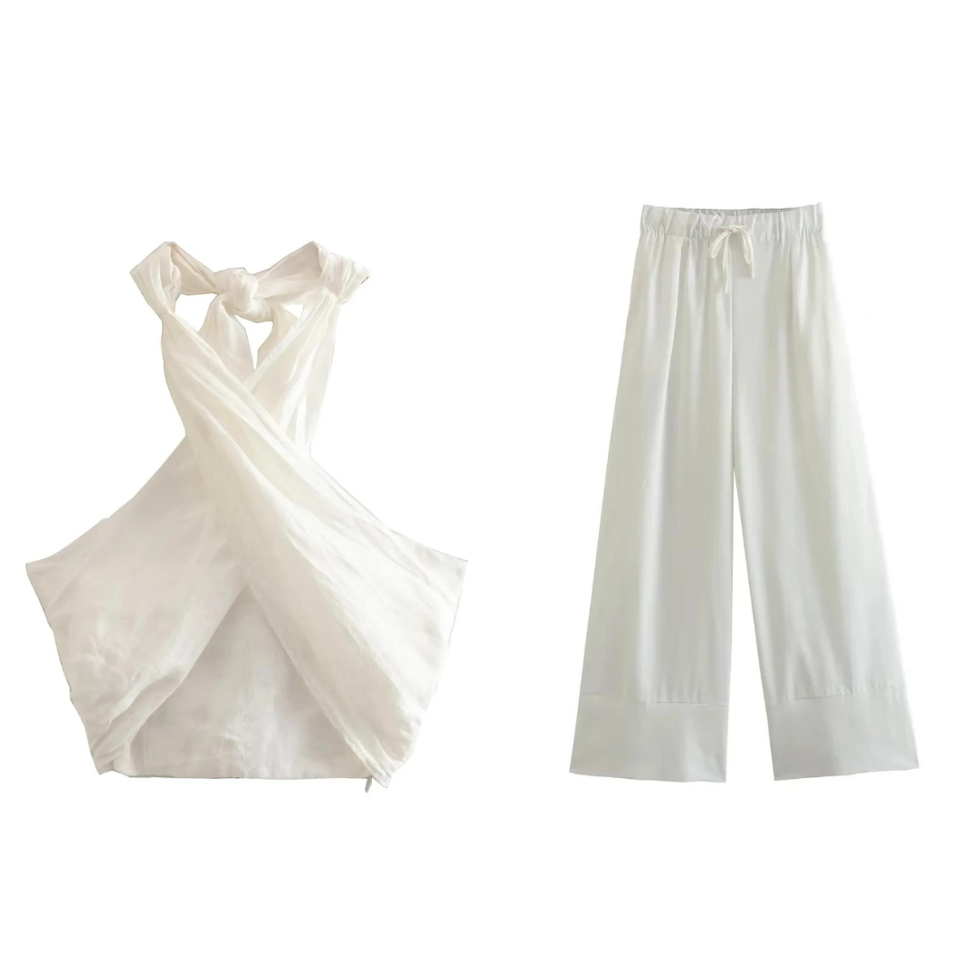 Koordinerat set – Slubväv – Vida ben – Halterneck – Tvådelat set – Sommarksyntetmaterial med struktur för damer-Mira Lina