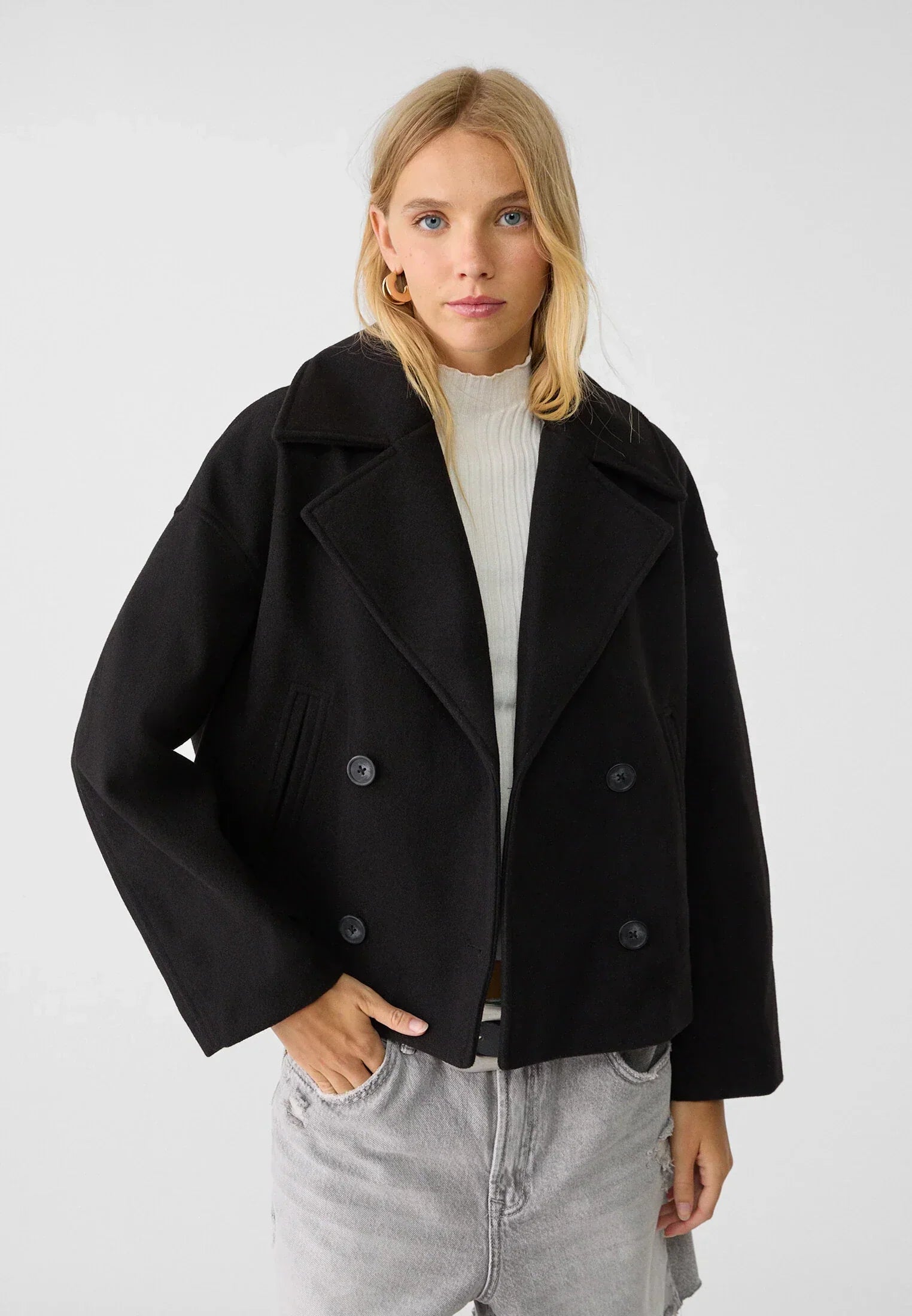 Kort Trench Coat - Dubbelknäppt kort Trench Jacket med lös passform för kvinnor-Mira Lina