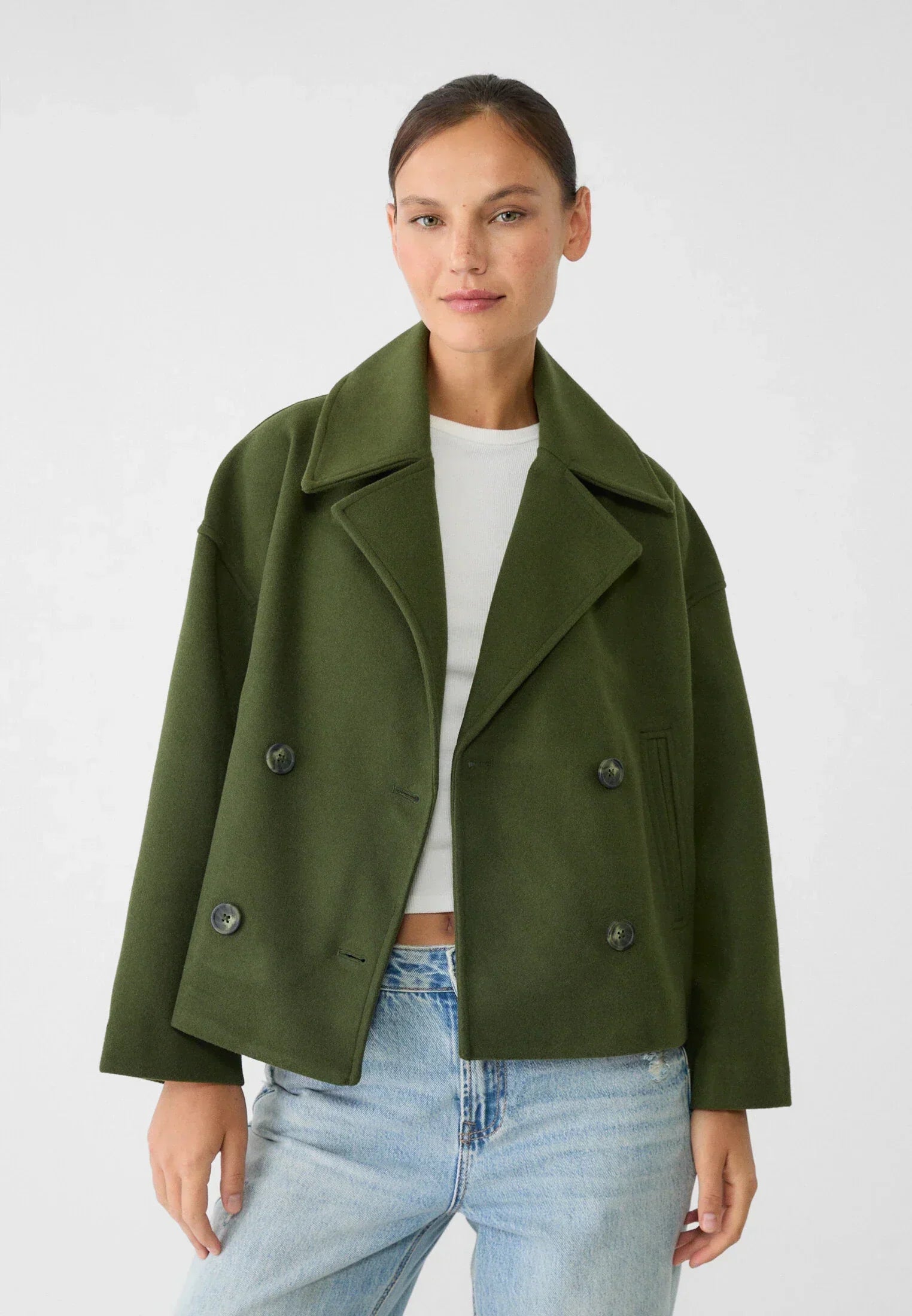 Kort Trench Coat - Dubbelknäppt kort Trench Jacket med lös passform för kvinnor-Mira Lina