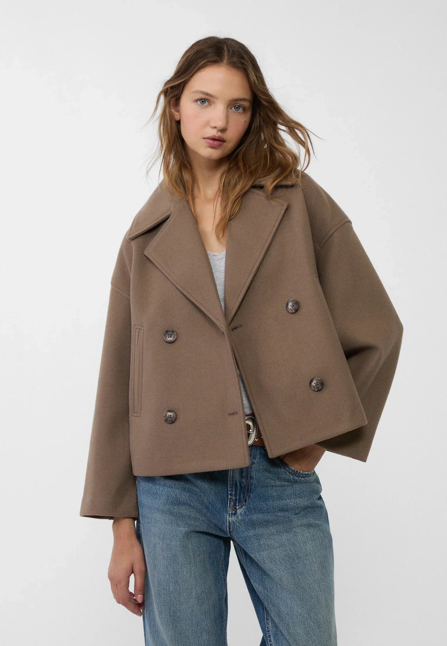 Kort Trench Coat - Dubbelknäppt kort Trench Jacket med lös passform för kvinnor-Mira Lina