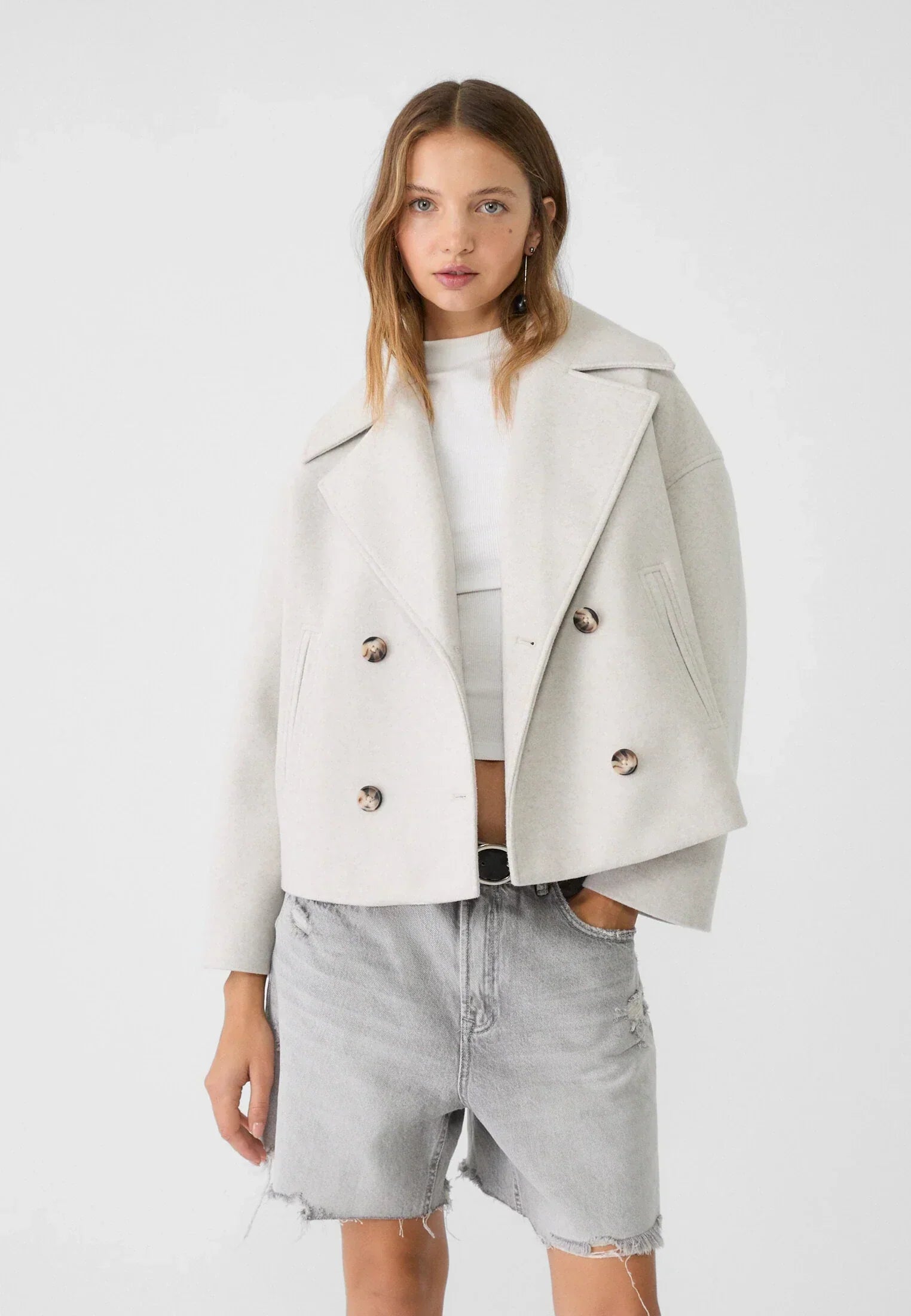 Kort Trench Coat - Dubbelknäppt kort Trench Jacket med lös passform för kvinnor-Mira Lina