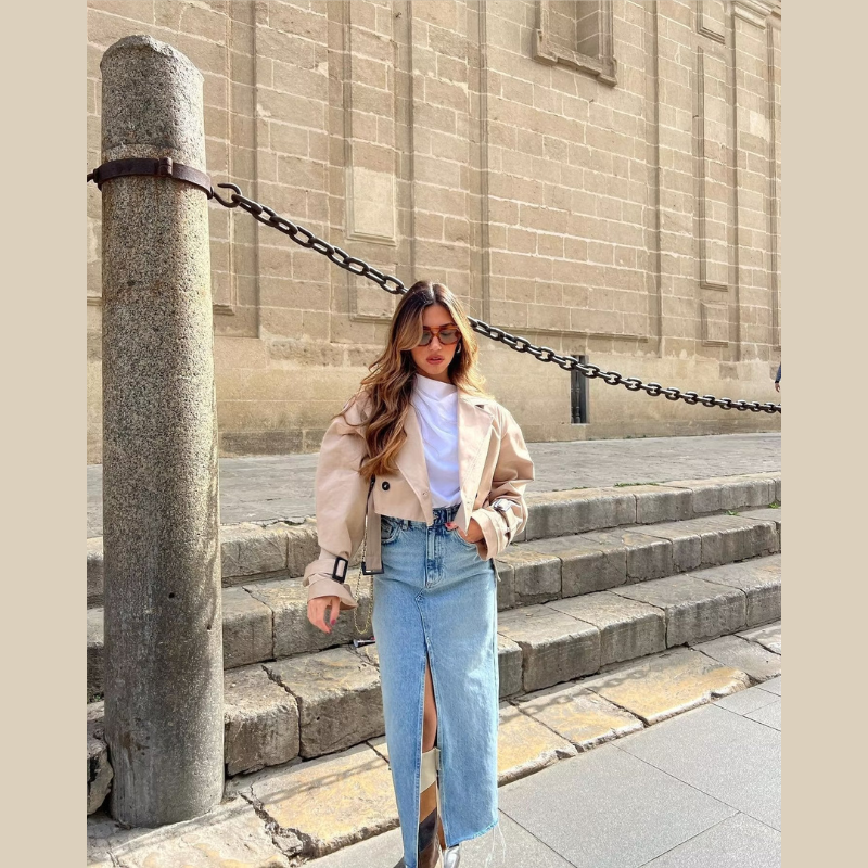 Kort Trenchjacka – bälte – dubbelknäppt – kort trenchcoat – damjacka-Mira Lina