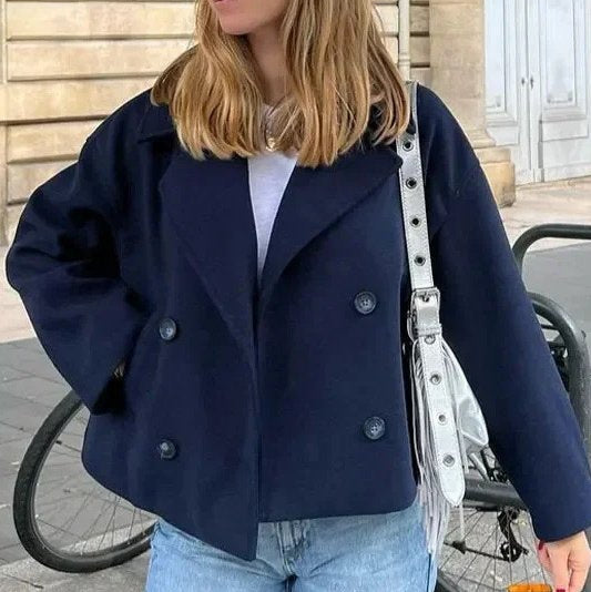 Kort trenchcoat - Blå dubbelknäppt kort trenchcoat i naturfiberblandningblandning för kvinnor-Mira Lina