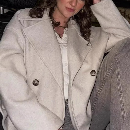 Kort trenchcoat - Blå dubbelknäppt kort trenchcoat i naturfiberblandningblandning för kvinnor-Mira Lina