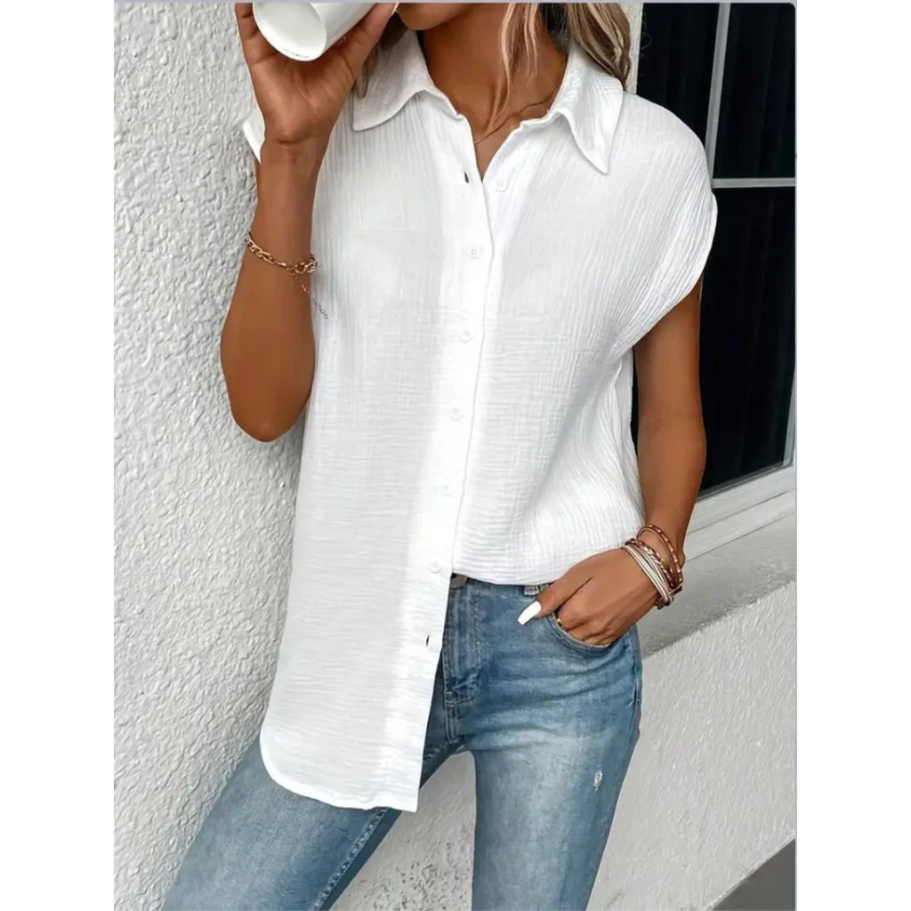 Kortärmad Blus – damblus med knappar och knytband framtill-Mira Lina