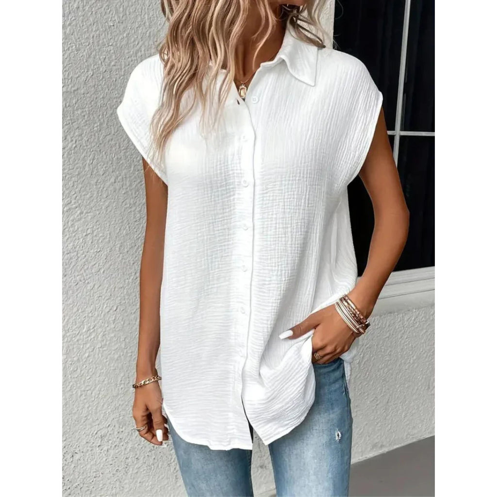 Kortärmad Blus – damblus med knappar och knytband framtill-Mira Lina