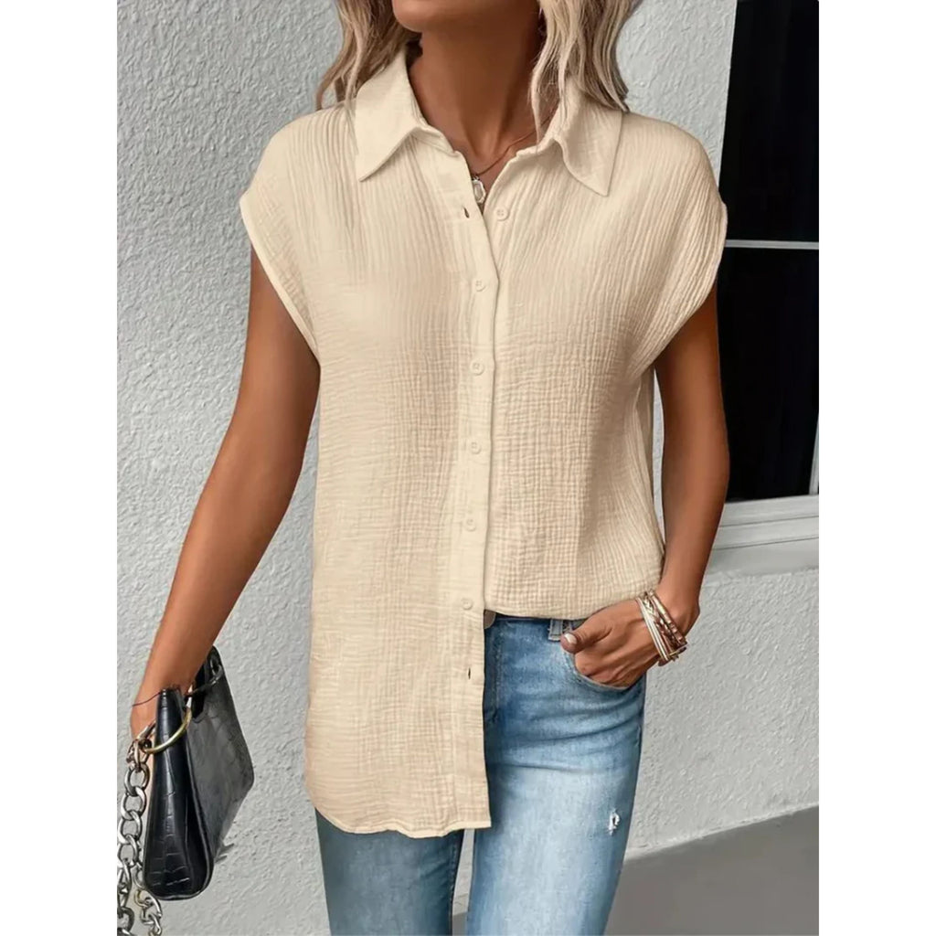 Kortärmad Blus – damblus med knappar och knytband framtill-Mira Lina