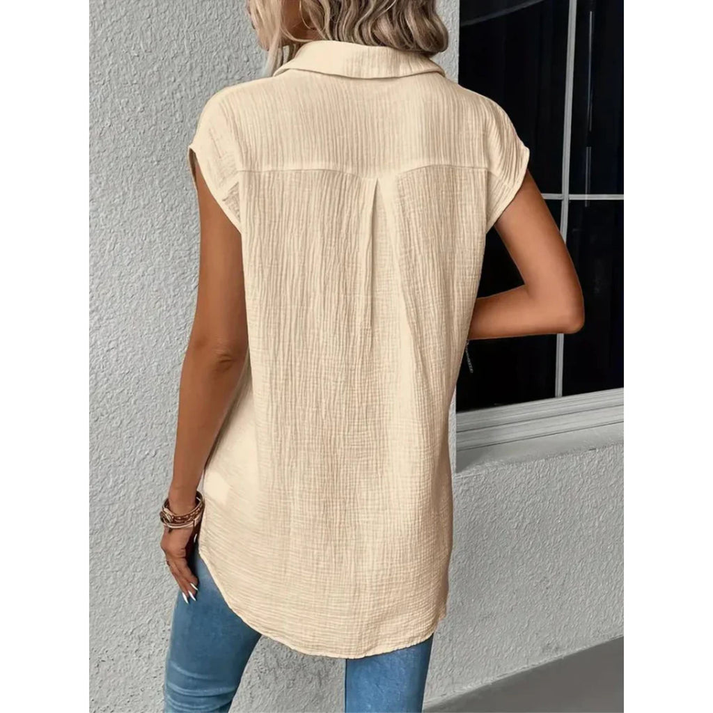 Kortärmad Blus – damblus med knappar och knytband framtill-Mira Lina