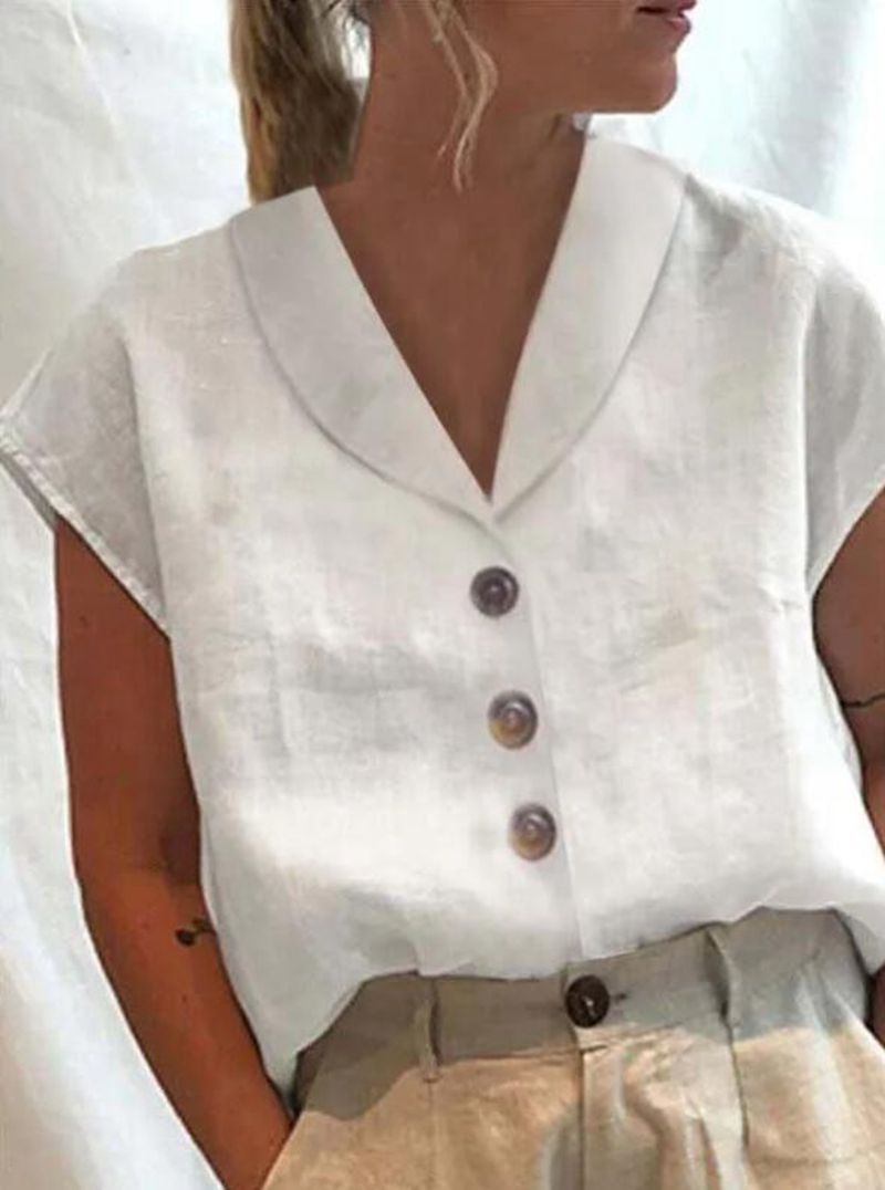 Kortärmad blus - knappar fram - krage - slubvävblus - damblus-Mira Lina