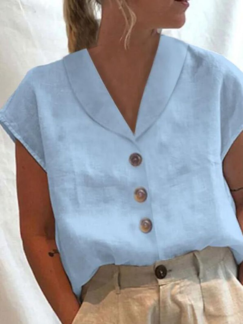 Kortärmad blus - knappar fram - krage - slubvävblus - damblus-Mira Lina
