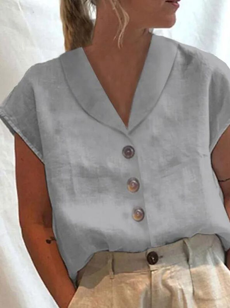 Kortärmad blus - knappar fram - krage - slubvävblus - damblus-Mira Lina