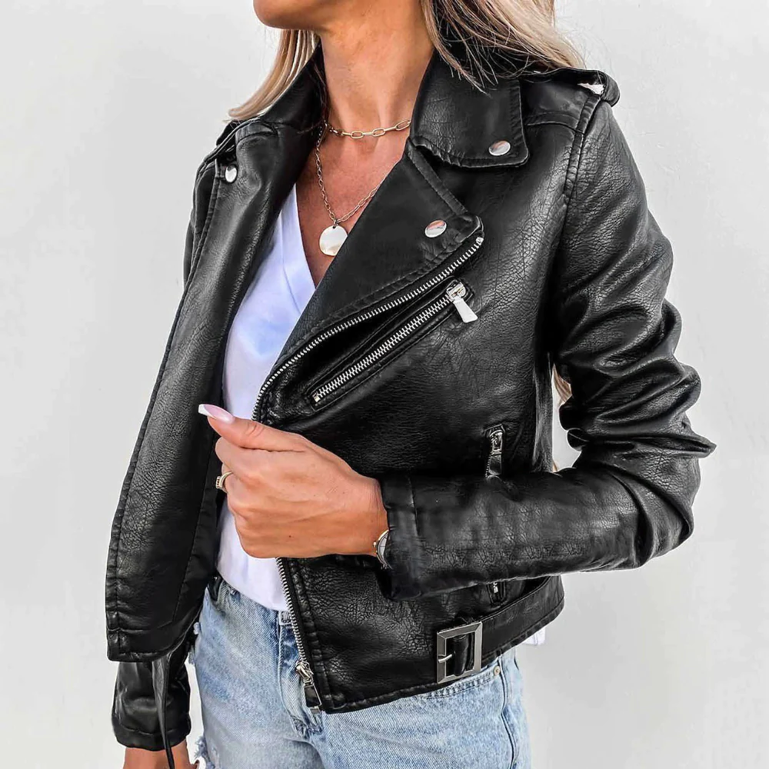 Läderjacka | Slim Fit | Bälte | Bikerjacka | Läderjacka för dam-Mira Lina