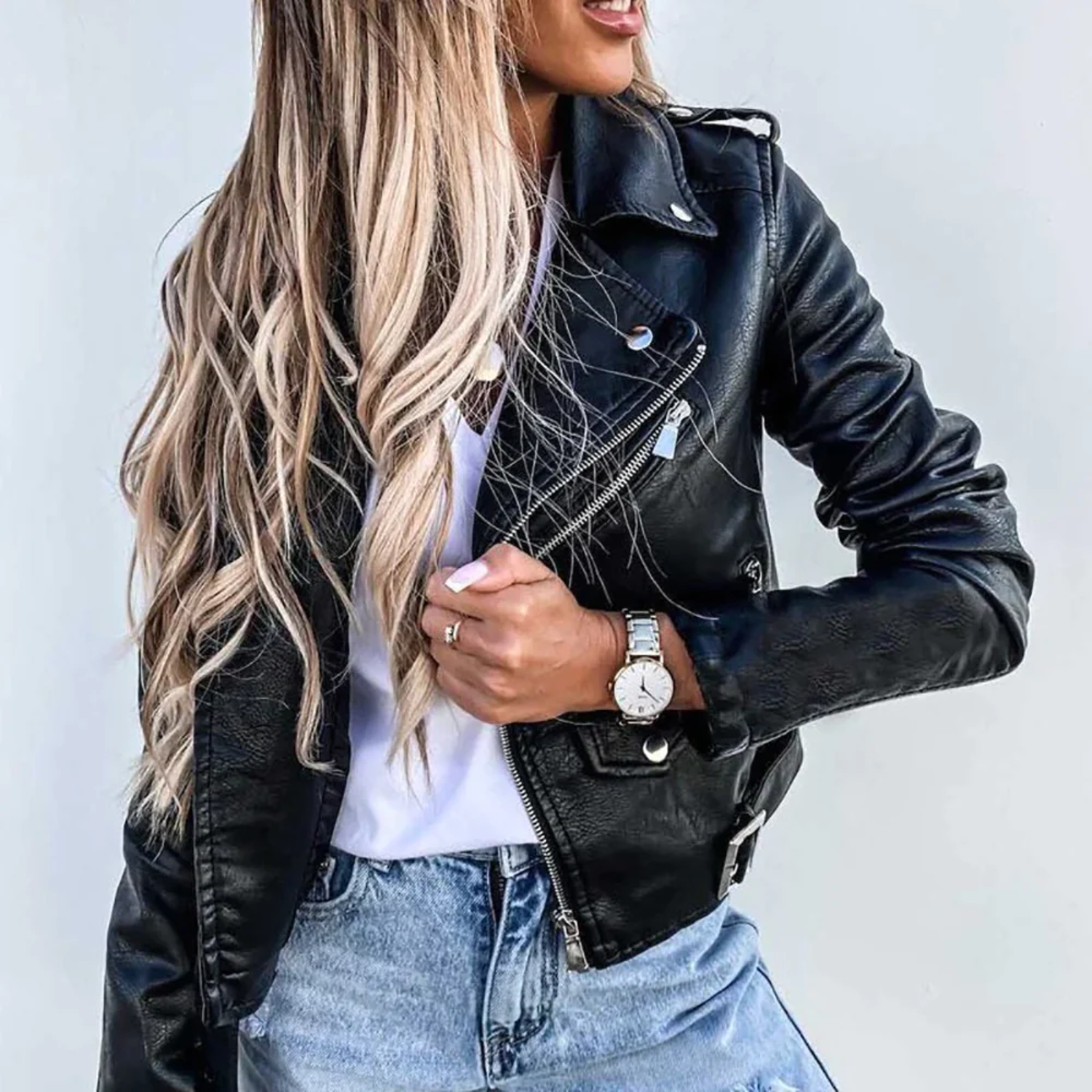 Läderjacka | Slim Fit | Bälte | Bikerjacka | Läderjacka för dam-Mira Lina