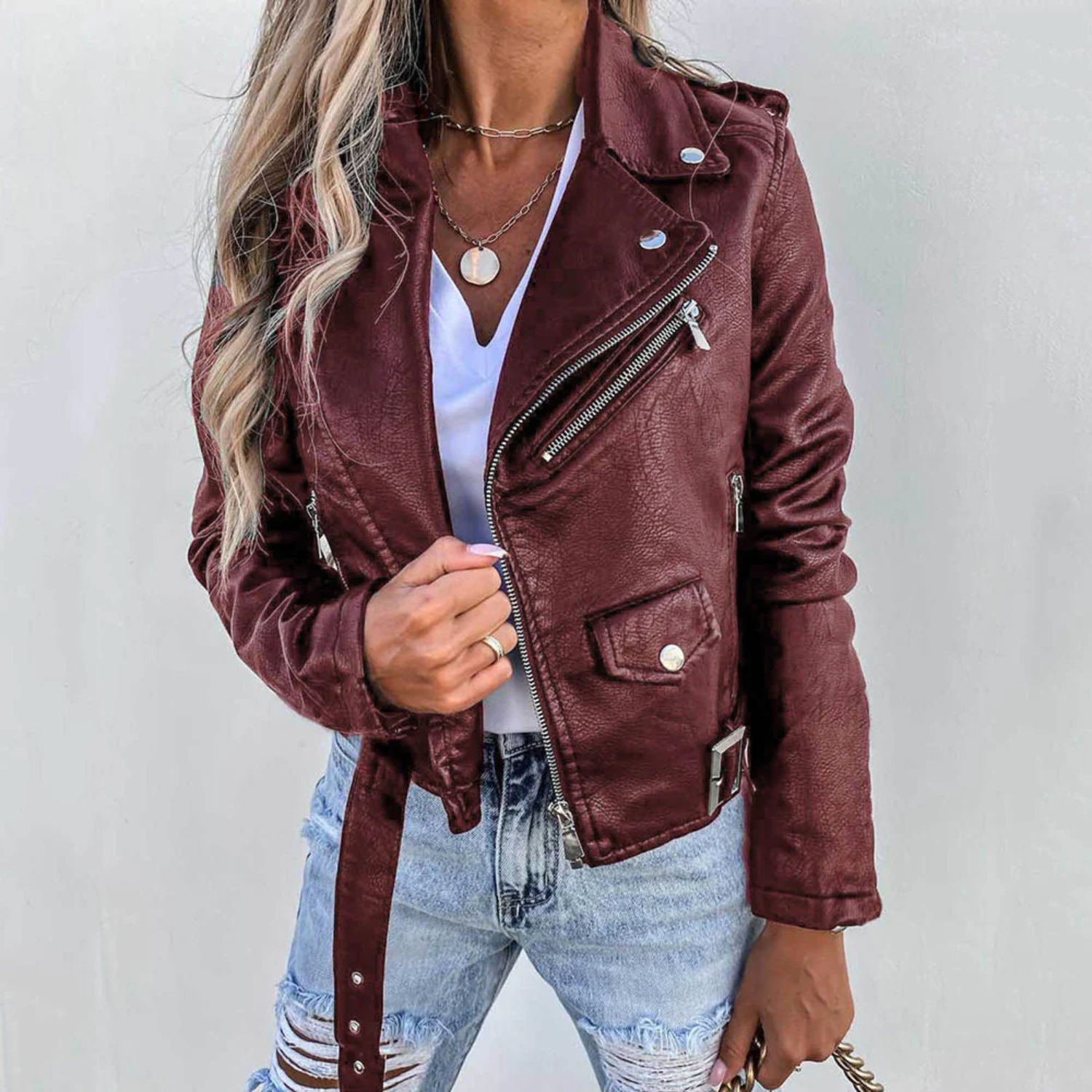 Läderjacka | Slim Fit | Bälte | Bikerjacka | Läderjacka för dam-Mira Lina