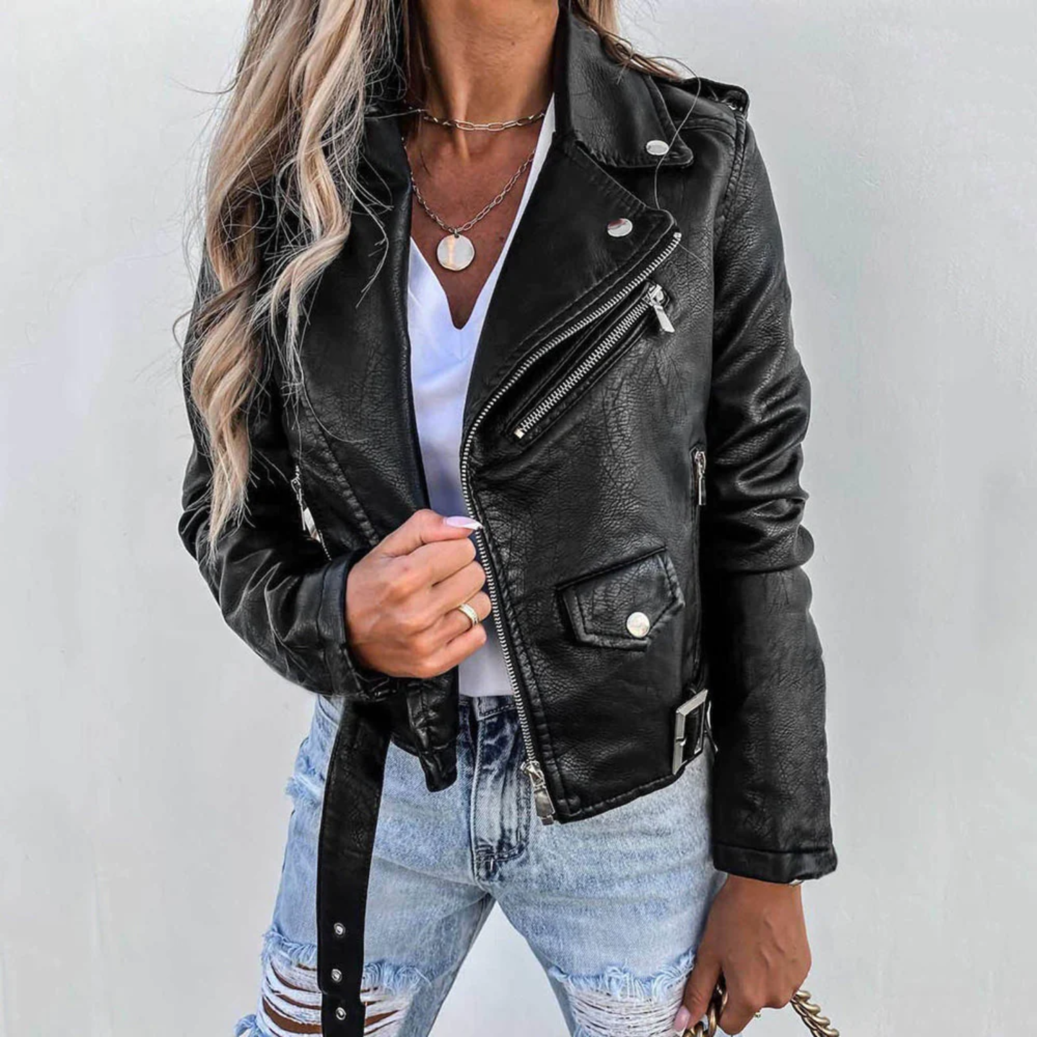 Läderjacka | Slim Fit | Bälte | Bikerjacka | Läderjacka för dam-Mira Lina