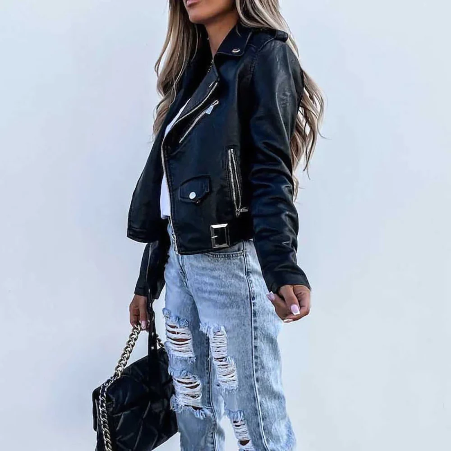 Läderjacka | Slim Fit | Bälte | Bikerjacka | Läderjacka för dam-Mira Lina