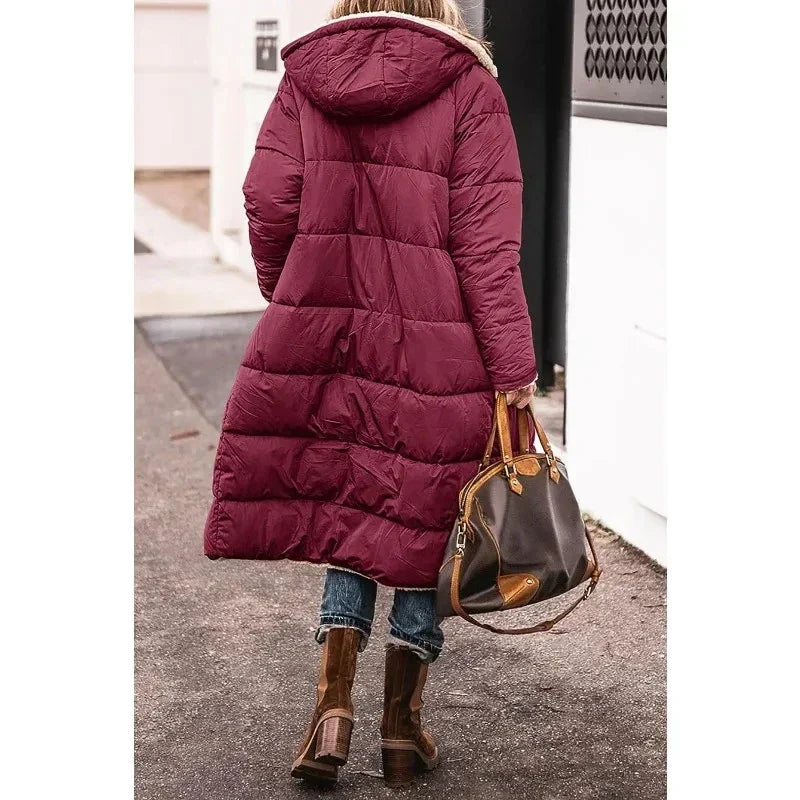 Lång Puffer Coat | Hooded | Fleece Lined | Puffer Jacket | Långa vinterjackor för kvinnor-Mira Lina