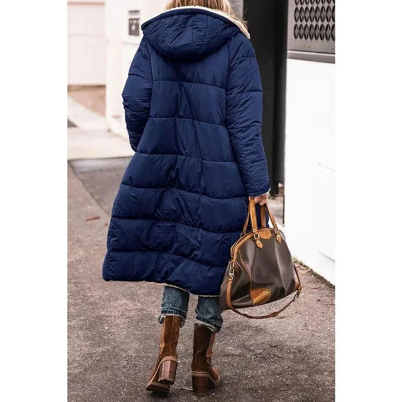 Lång Puffer Coat | Hooded | Fleece Lined | Puffer Jacket | Långa vinterjackor för kvinnor-Mira Lina