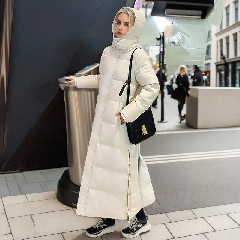 Lång Pufferjacka – varm – med huva – damjacka med vaddering – lång vinterjacka för damer-Mira Lina