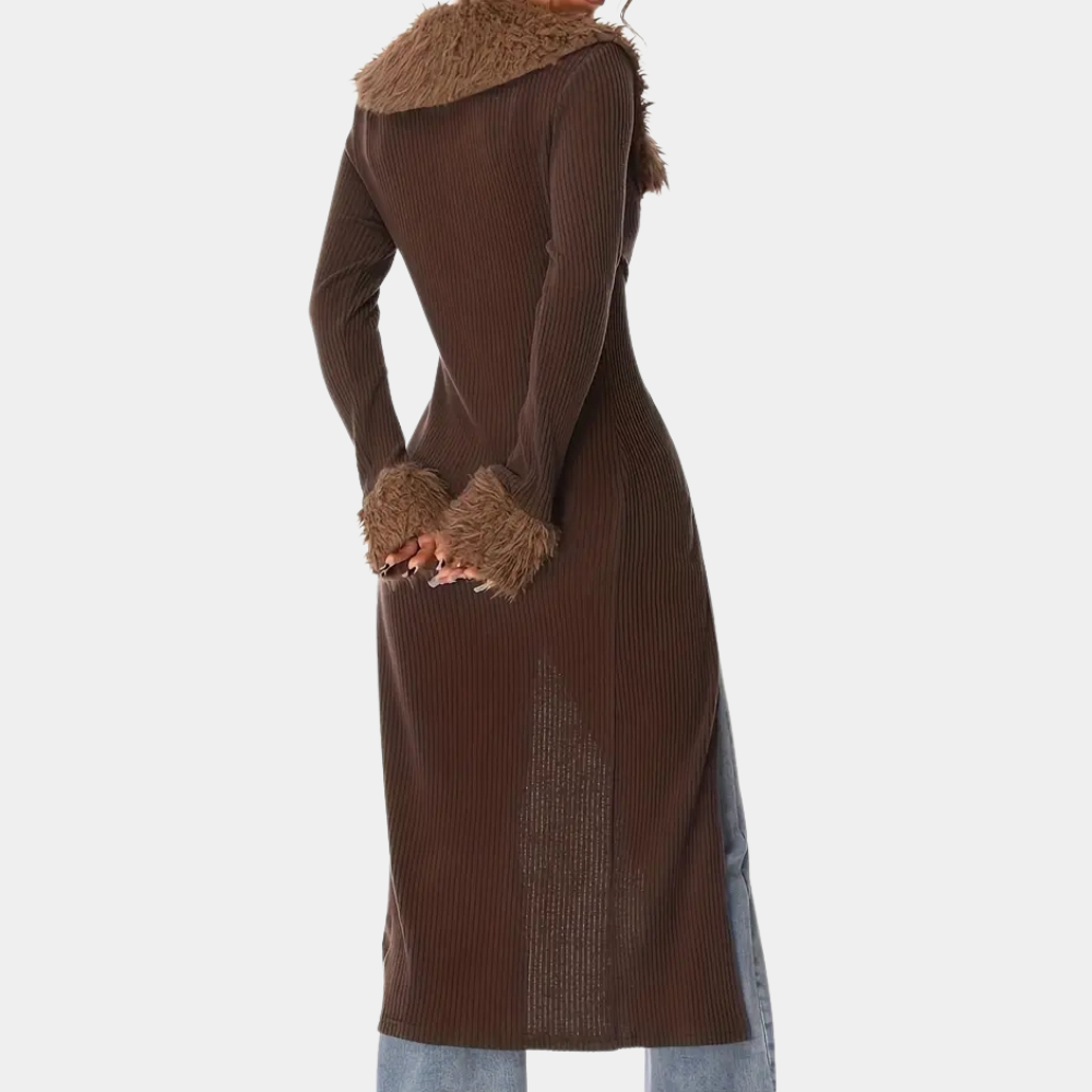 Lång kofta | Ribbstickad | Brun | Stickad kofta | Damkofta-Mira Lina