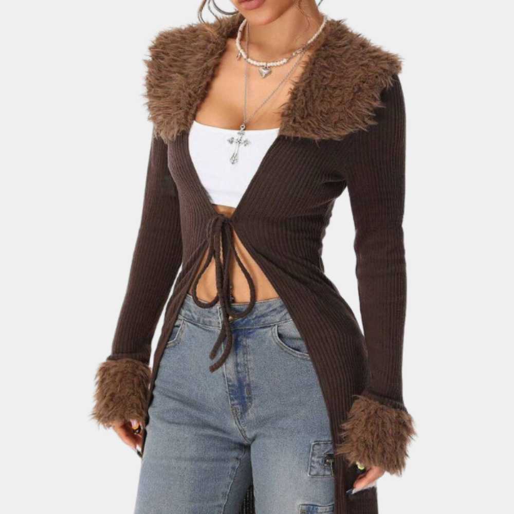 Lång kofta | Ribbstickad | Brun | Stickad kofta | Damkofta-Mira Lina