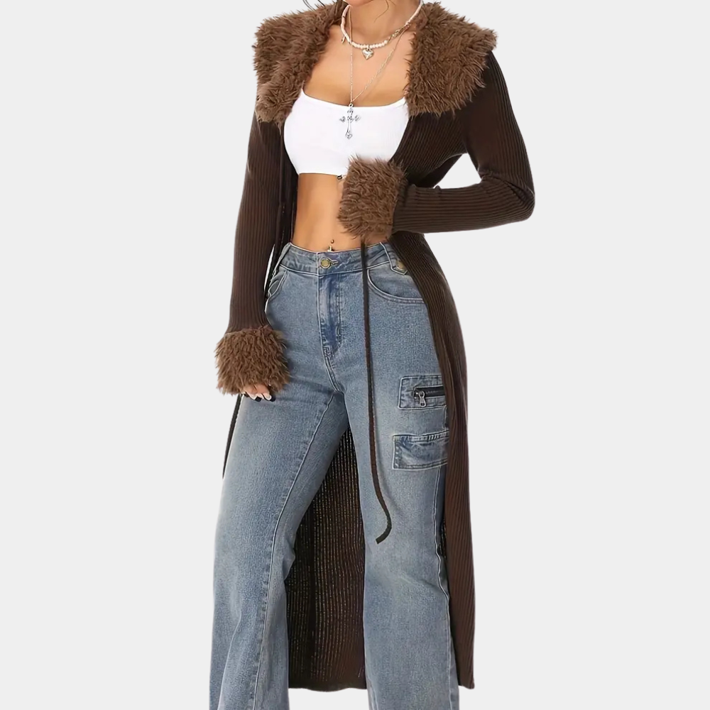 Lång kofta | Ribbstickad | Brun | Stickad kofta | Damkofta-Mira Lina