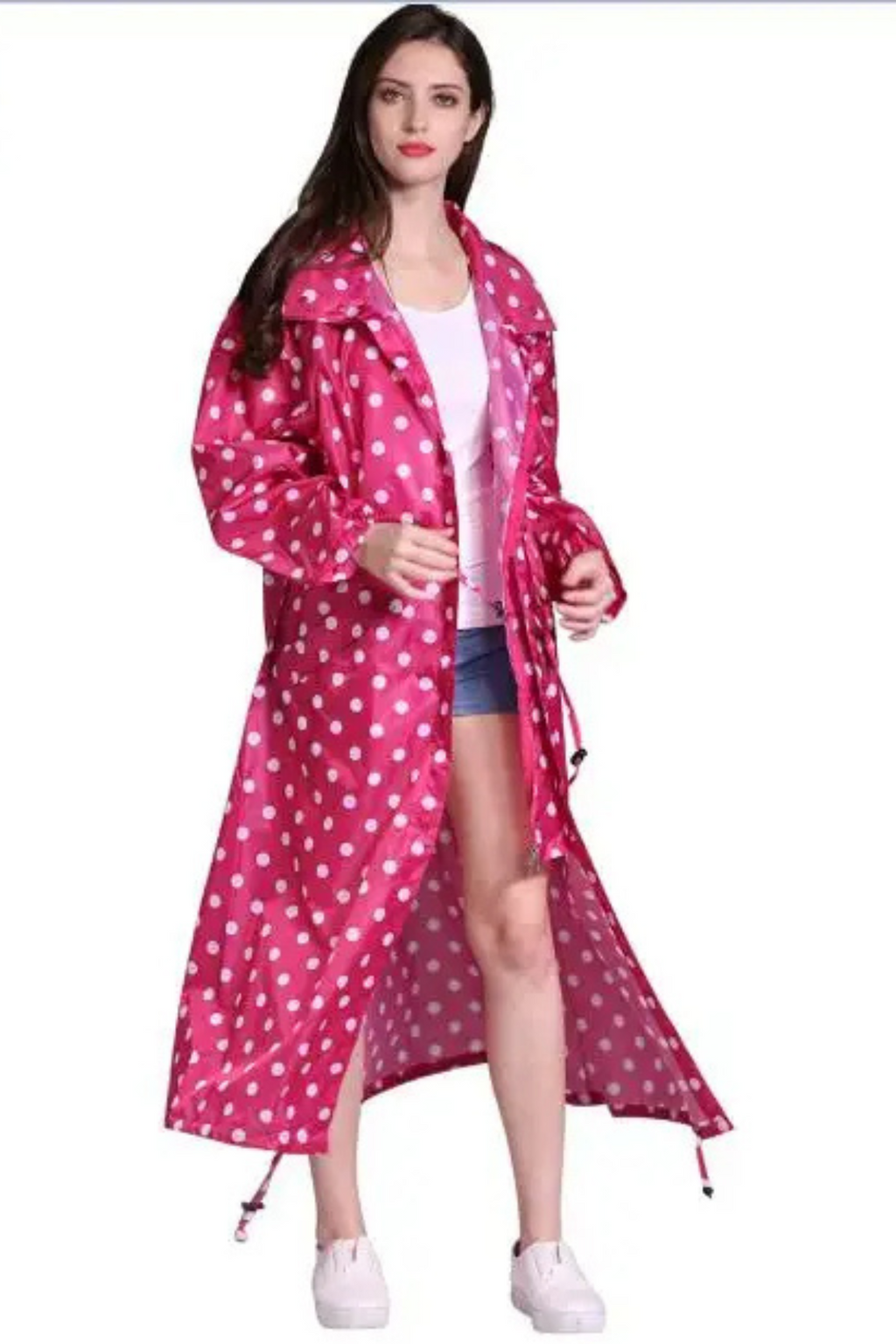 Lång regnrock med huva, dragsko i midjan, regnjacka, lång vattentät jacka för damer-Mira Lina