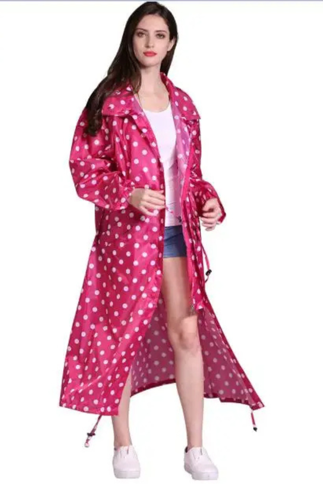 Lång regnrock med huva, dragsko i midjan, regnjacka, lång vattentät jacka för damer-Mira Lina