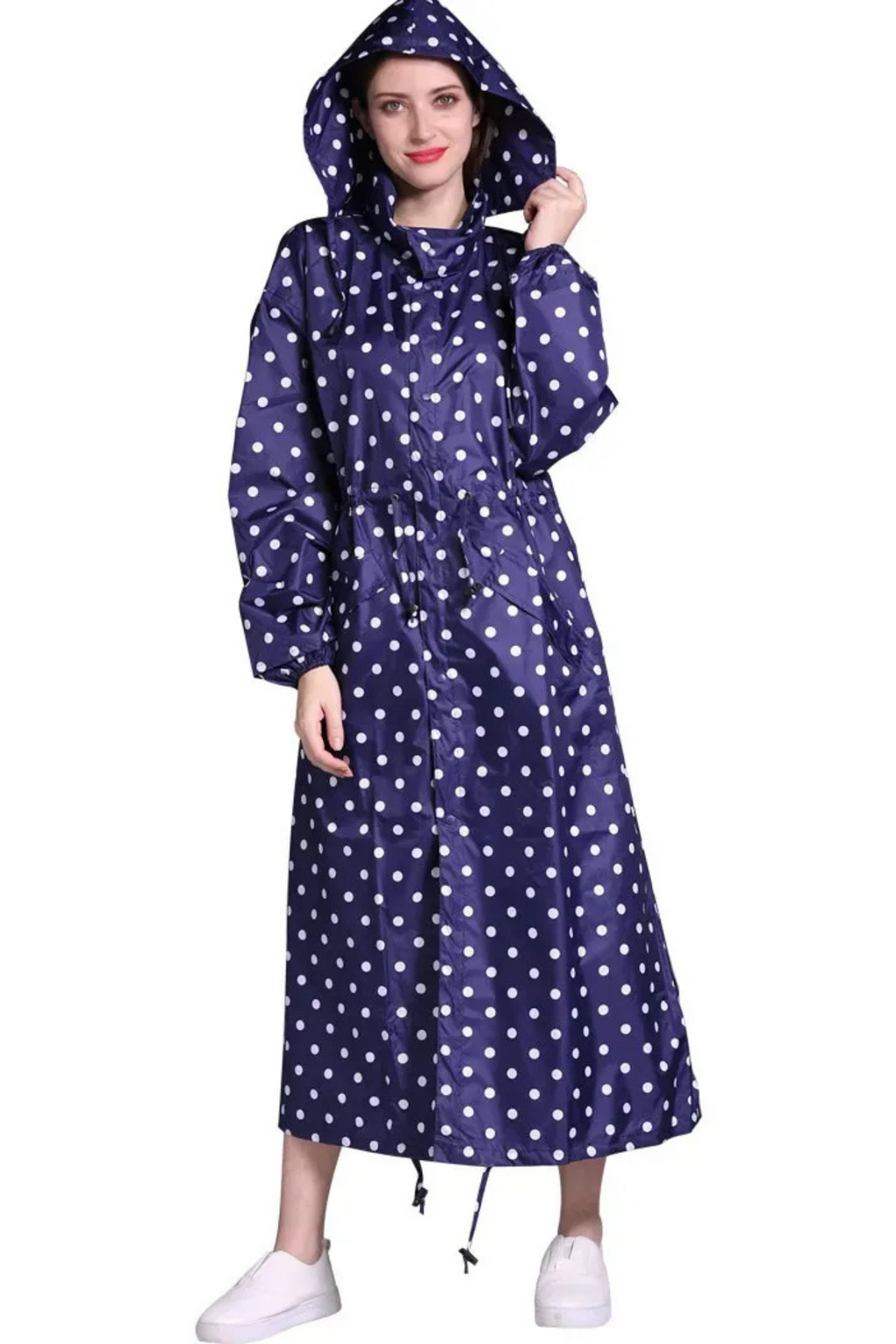 Lång regnrock med huva, dragsko i midjan, regnjacka, lång vattentät jacka för damer-Mira Lina